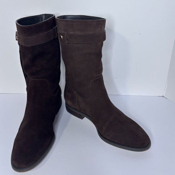 Michael Kors Womens Rhea Brown Suede Mid Calf Boots Fringe Pull On Booties Style - Picture 2 of 9